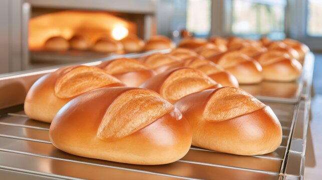 Golden loaves on stainless steel conveyor moving toward oven in bakery production line