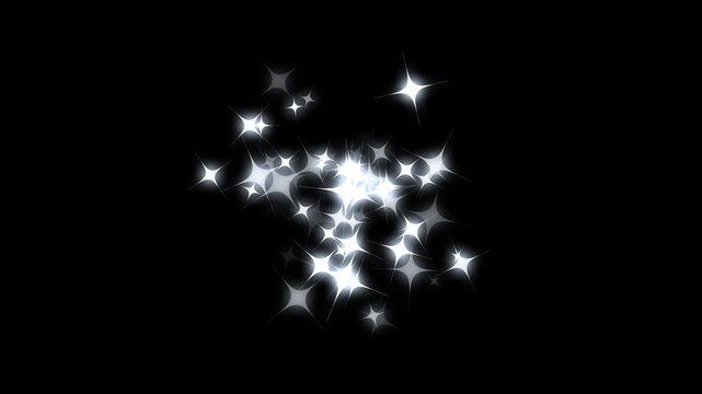 Sparkling star dust trail and twinkling glitter stars overlay, white stars and bokeh lights sparkle glittering burst effect, fairy dust wand glitter stars trail transition on black screen. 4k video