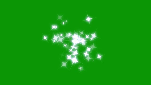 Sparkling star dust trail and twinkling glitter stars overlay, white stars and bokeh lights sparkle glittering burst effect, fairy dust wand glitter stars trail transition on green screen. 4k video