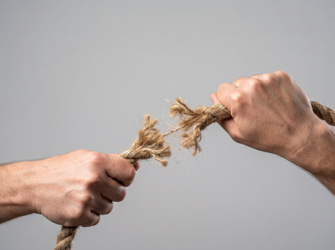 Human hands pulling frayed rope to breaking point on gray background