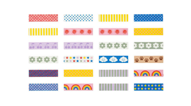 Set of decorative washi tapes with colorful patterns isolated on transparent background