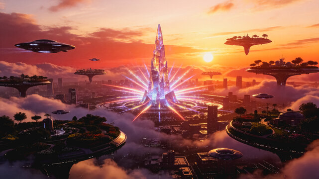Futuristic City with Floating Structures and Flying Vehicles at Sunset