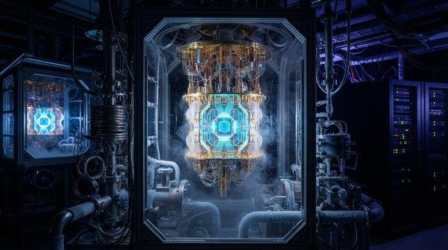 Advanced quantum computing processor unit glowing with blue light inside a cryogenic laboratory chamber