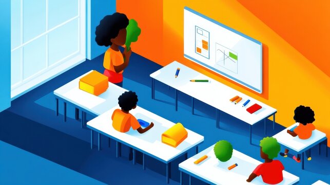 Flat vector illustration of children in classroom with teacher and desks