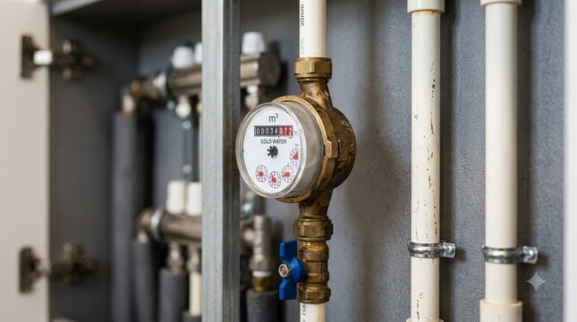 A close-up view of a mechanical cold water meter installed indoors among white plumbing pipes and valves inside a utility cabinet with a neutral grey background