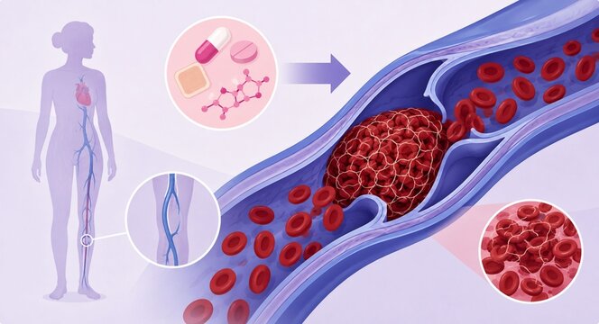 Medical illustration of deep vein thrombosis (DVT) showing a blood clot in a leg vein associated with female contraceptive medication.