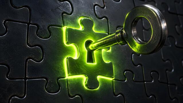 Glowing Green Puzzle Piece Unlocking Business Solution with Metallic Key on Dark Jigsaw Background Problem Solving Cybersecurity Innovation Strategic Planning and Finding the Missing Solution Concept