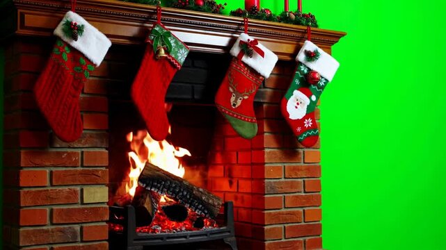 Cozy burning fireplace with flames overlay on green screen