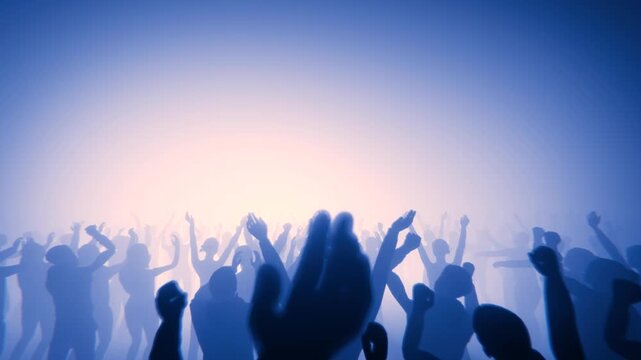 Energetic crowd enjoying a music concert with hands in the air and bright stage lights.