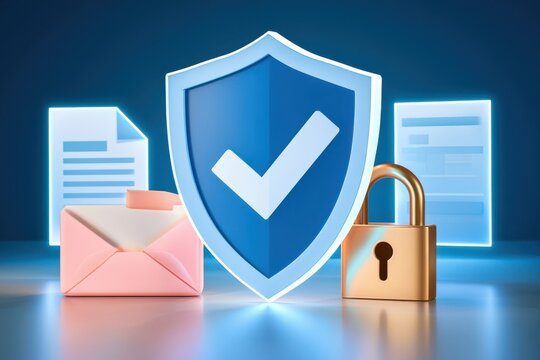 Blue shield with checkmark, padlock and envelope on glowing blue background, symbolizing data protection and compliance
