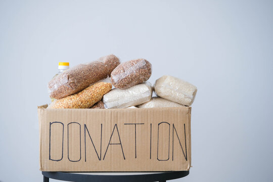 Donation box with food. The concept of helping those in need of food