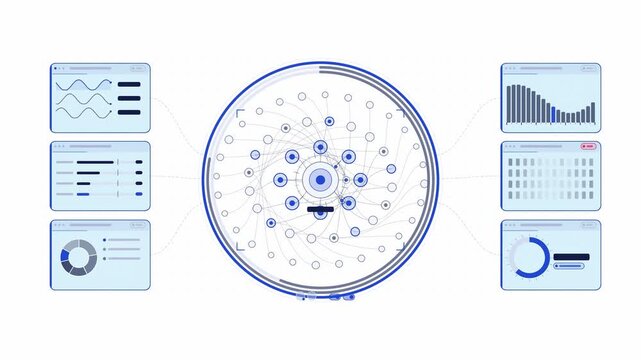 Clean animated social media analytics spread in blue and cyan on a bright white background. Seamless looping 4K dashboard motion graphics with free space for text, ideal for business presentations, pr