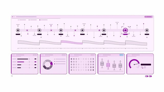 Clean animated customer journey touchpoints tracing in violet and blue on a bright white background. Seamless looping 4K dashboard motion graphics with free space for text, ideal for business presenta