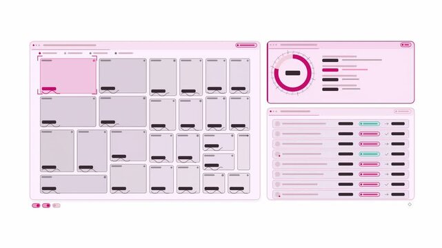 Clean animated ecommerce dashboard shelf tiles in violet and blue on a bright white background. Seamless looping 4K dashboard motion graphics with free space for text, ideal for business presentations