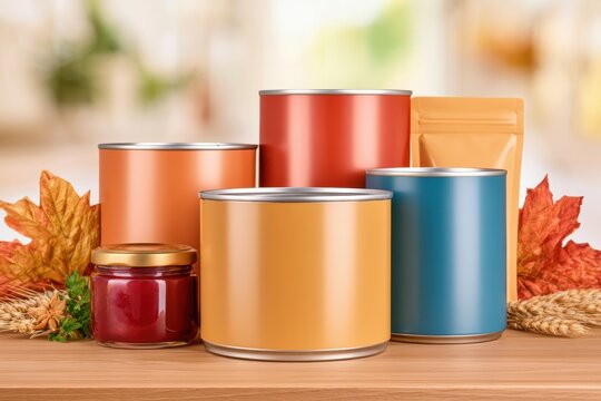 Abundant thanksgiving pantry flat lay with blank label cans and autumn leaves