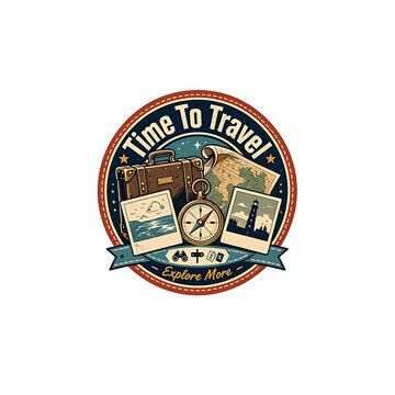Time to travel adventure emblem with suitcase compass and vintage photos adventure patch classic compass explorer gear tourist badge travel design world discovery