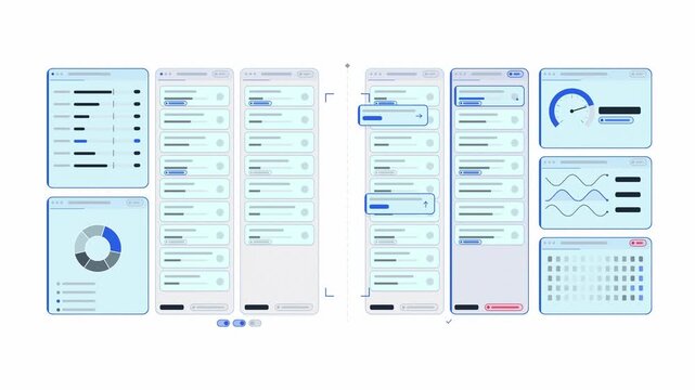 Clean animated task board columns mirroring in blue and cyan on a bright white background. Seamless looping 4K dashboard motion graphics with free space for text, ideal for business presentations, pro