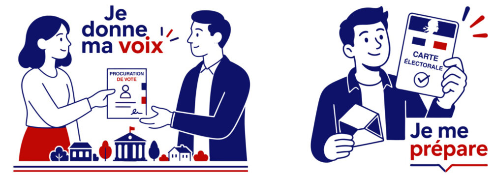 Illustration infographie bleu blanc rouge sur le vote par procuration et la carte &eacute;lectorale