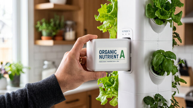 A hand inserts a white cartridge labeled ORGANIC NUTRIENT A into a vertical hydroponic indoor garden tower growing green leafy plants.