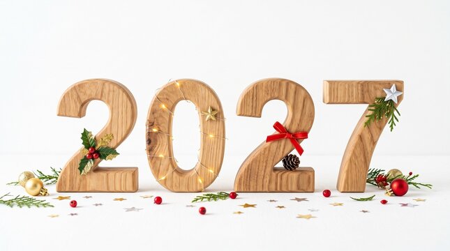 Wooden numbers forming the year two thousand twenty-seven for a holiday greeting and celebration, isolated on a white background.