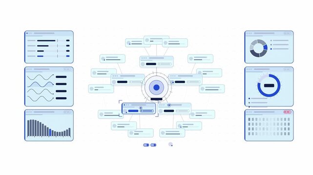 Clean animated org chart branches unfolding in blue and cyan on a bright white background. Seamless looping 4K dashboard motion graphics with free space for text, ideal for business presentations, pro