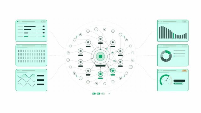 Clean animated cloud computing hub syncing in cyan and teal on a bright white background. Seamless looping 4K dashboard motion graphics with free space for text, ideal for business presentations, prod