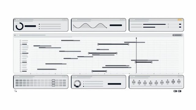 Clean animated workforce planning shifts rearranging in soft grey on a bright white background. Seamless looping 4K dashboard motion graphics with free space for text, ideal for business presentations