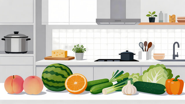 Modern kitchen counter with fresh fruits and vegetables, flat illustration style