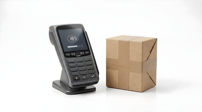 Payment terminal with cardboard parcel box representing e commerce delivery logistics retail checkout and cash on delivery services