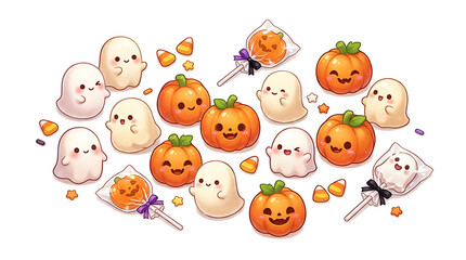 Obraz premium Cute Happy Halloween Collection Featuring Friendly Ghosts And Smiling Pumpkins With Sweet Treats Arranged For Festive Seasonal Holiday Celebrations Decorative Elements For Fun Autumn Party