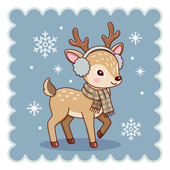 Cute Baby Reindeer Wearing Earmuffs and Scarf Winter Season Vector Illustration © Aguzetiawan