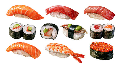 Assorted fresh sushi nigiri and maki rolls with salmon tuna shrimp and roe © Clementine
