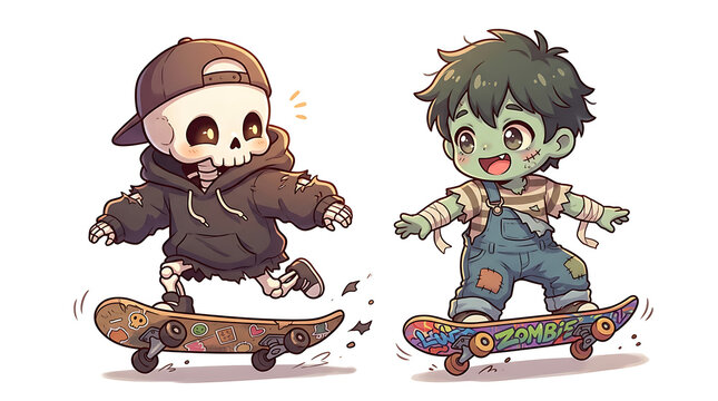 Two adorable cartoon characters featuring a small skeleton wearing a hooded sweatshirt and a friendly green zombie boy riding wooden skateboards on a street for kids activity and fun halloween
