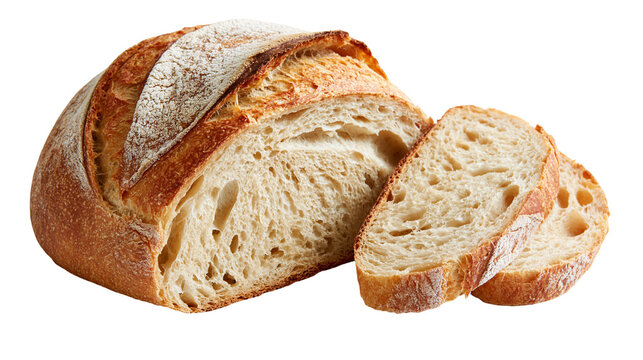 Rustic sourdough bread loaf with two sliced pieces showing airy crumb texture