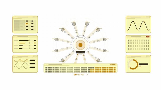 Clean animated api integration connectors exchanging in yellow and gold on a bright white background. Seamless looping 4K dashboard motion graphics with free space for text, ideal for business present