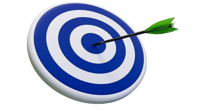 Blue and white circular target with a green fletched arrow hitting the center