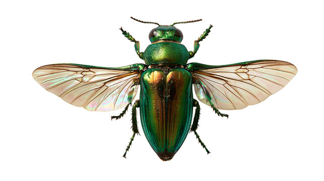 Iridescent metallic green jewel beetle with spread translucent wings
