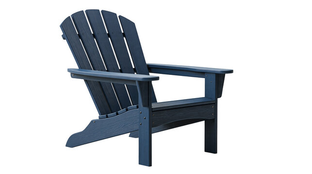 Dark blue wooden Adirondack chair with slatted back and wide armrests