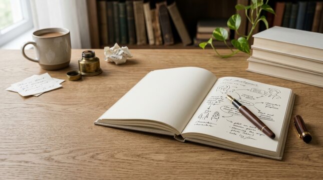 Open notebook with fountain pen and inkwell on a wooden desk with books