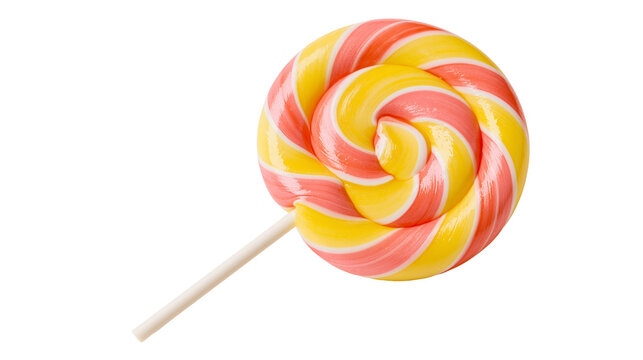 Round yellow and pink swirled hard candy lollipop on a white stick