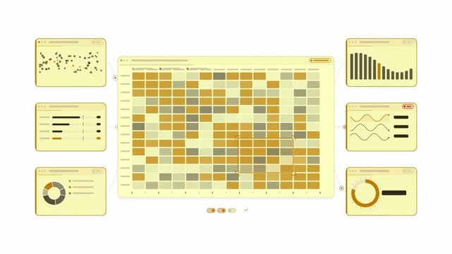 Clean animated correlation matrix cells highlighting in yellow and gold on a bright white background. Seamless looping 4K dashboard motion graphics with free space for text, ideal for business present