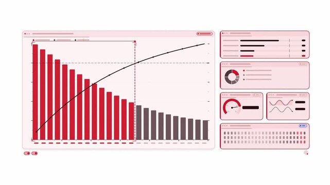 Clean animated pareto chart bars crossing in coral and magenta on a bright white background. Seamless looping 4K dashboard motion graphics with free space for text, ideal for business presentations, p
