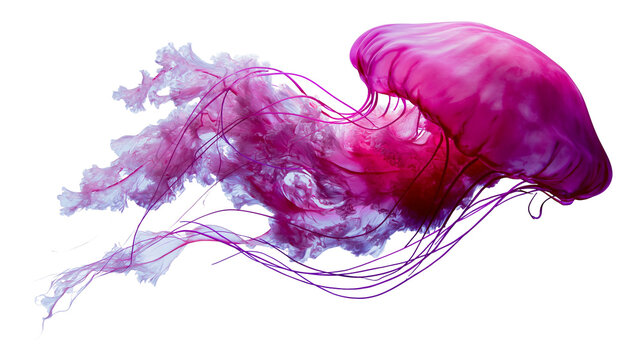Vibrant purple jellyfish with long flowing tentacles swimming in motion