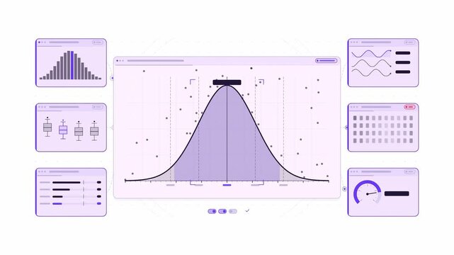 Clean animated normal distribution samples filling in violet and blue on a bright white background. Seamless looping 4K dashboard motion graphics with free space for text, ideal for business presentat