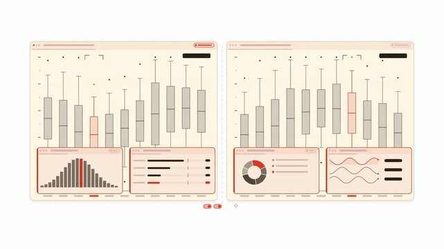 Clean animated box plot whiskers exposing in coral and magenta on a bright white background. Seamless looping 4K dashboard motion graphics with free space for text, ideal for business presentations, p