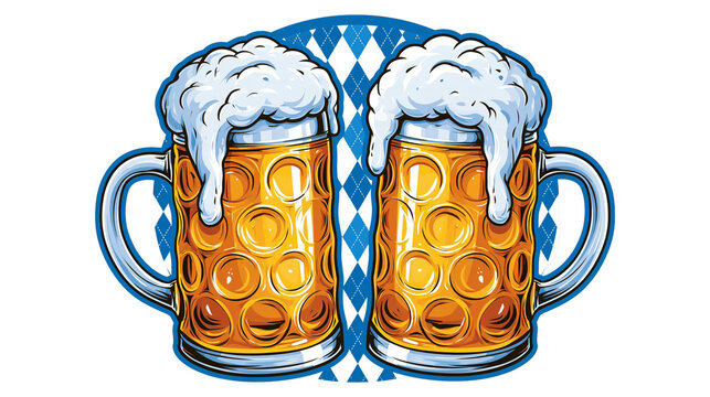 Two dimpled glass beer mugs with overflowing foam and Bavarian diamond pattern