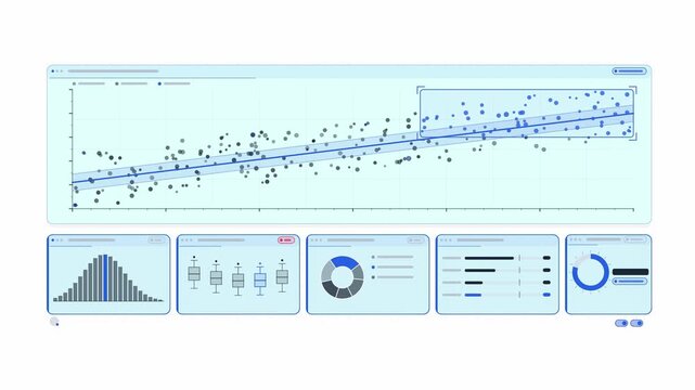 Clean animated scatter plot cloud finding in blue and cyan on a bright white background. Seamless looping 4K dashboard motion graphics with free space for text, ideal for business presentations, produ