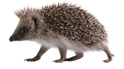 Small European hedgehog walking with brown and white spiky quills © Clementine