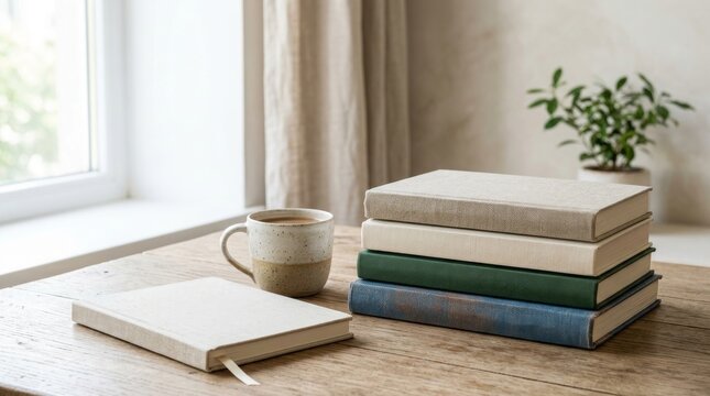 Stack of Books and Journal Beside Coffee Mug on Wooden Table