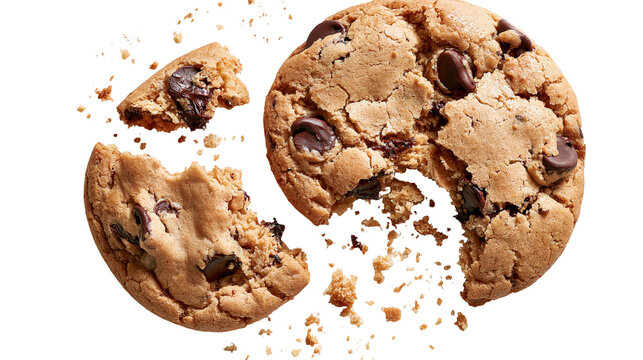 Broken chocolate chip cookie with crumbs and scattered pieces